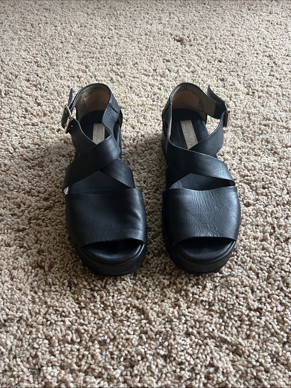 Agl Black Leather Crisscross Wedge Sandals